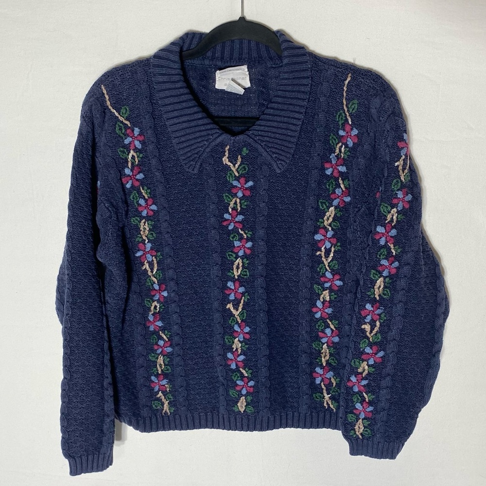 Vintage Christopher & Banks Floral Hand Embroidered Navy Cotton Sweater Ramie M